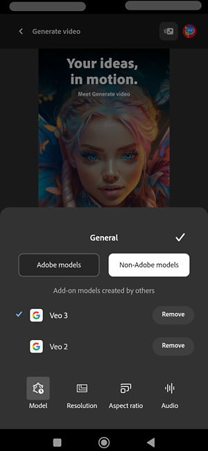 The General section is open and Non-Adobe models is selected. From the list of partner models, Veo 3 is selected.