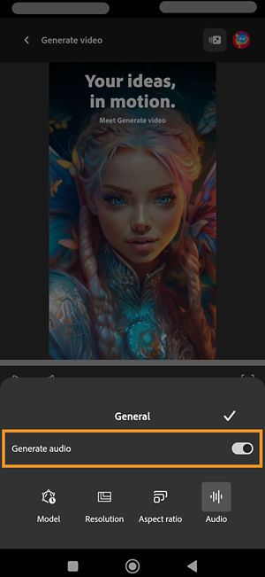 The General option is open and Audio is selected. The Generate audio option is enabled which means the video will be generated with matching audio.