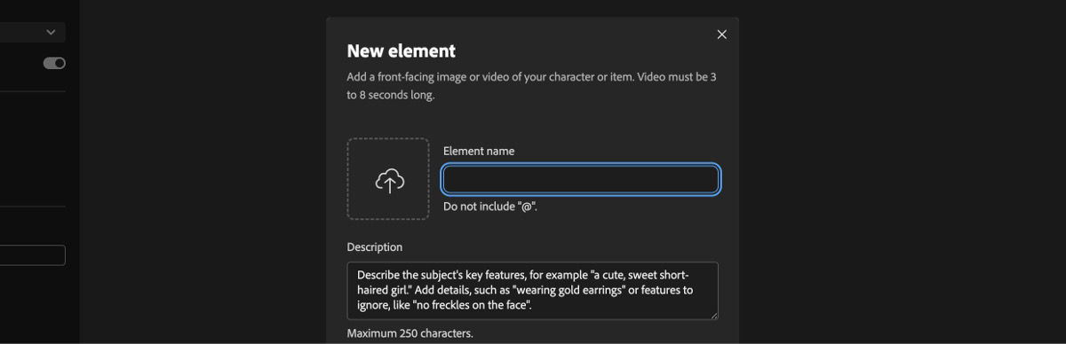 New Element panel with fields to upload reference media, enter element name, and add a description.