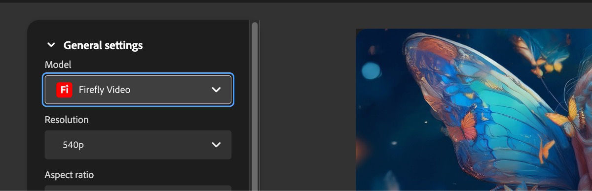 In the General settings section, under the Model option, Firefly Video is selected.