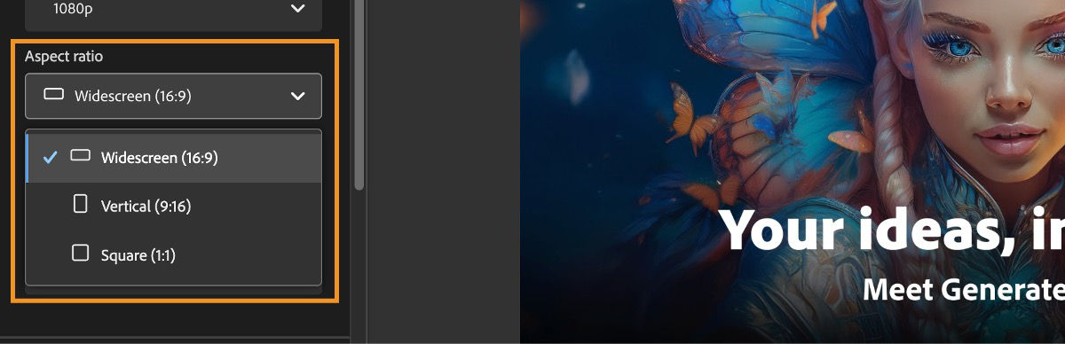 In the Aspect ratio section, the dropdown menu is open and among the options listed, Widescreen (16:9) is selected.