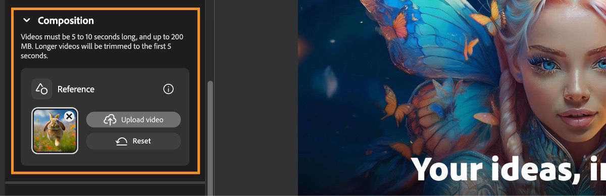 In the Composition section, under Reference, a video is uploaded. There are option to Reset to remove the reference video.