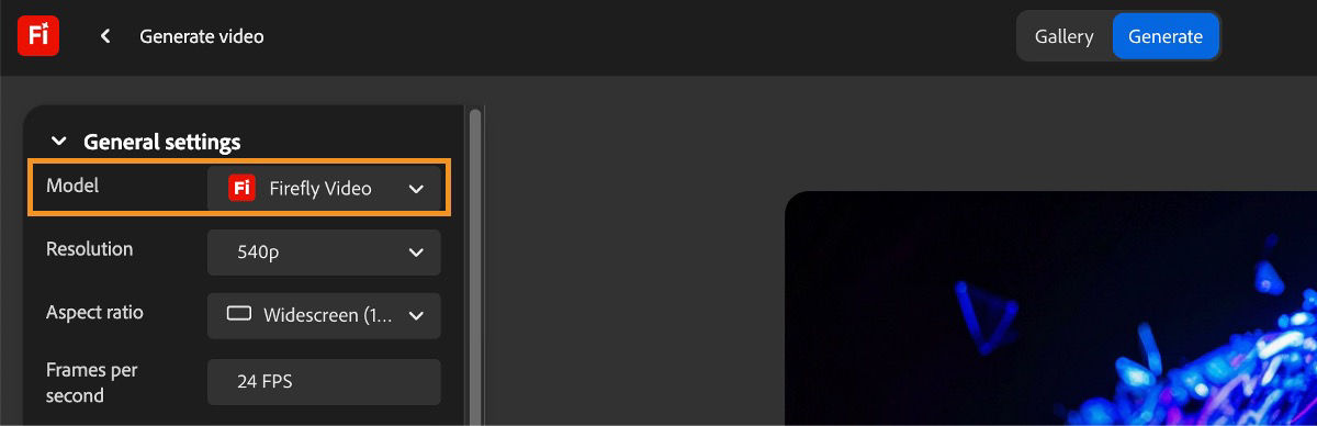 In the General settings section, under the Model option, Firefly Video is selected.