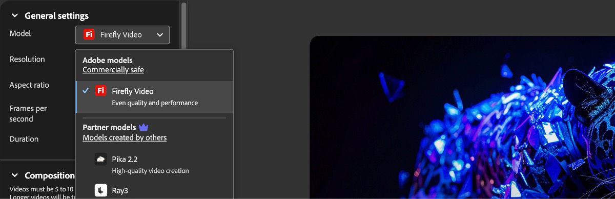 In the General settings section, the Model dropdown menu is open and under partner video models, Veo 2 is selected.