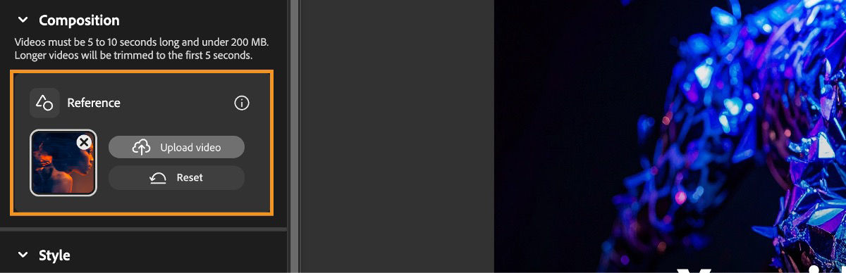 In the Composition section, under Reference, a video is uploaded. There are option to Reset to remove the reference video.
