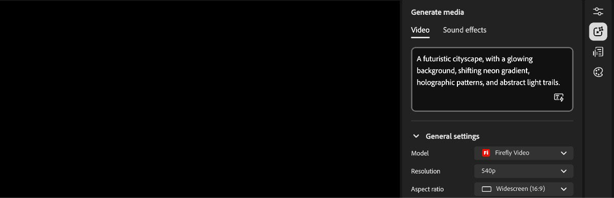 The Video editor home screen displays the Generation settings panel on the right, and a text box for entering a prompt.