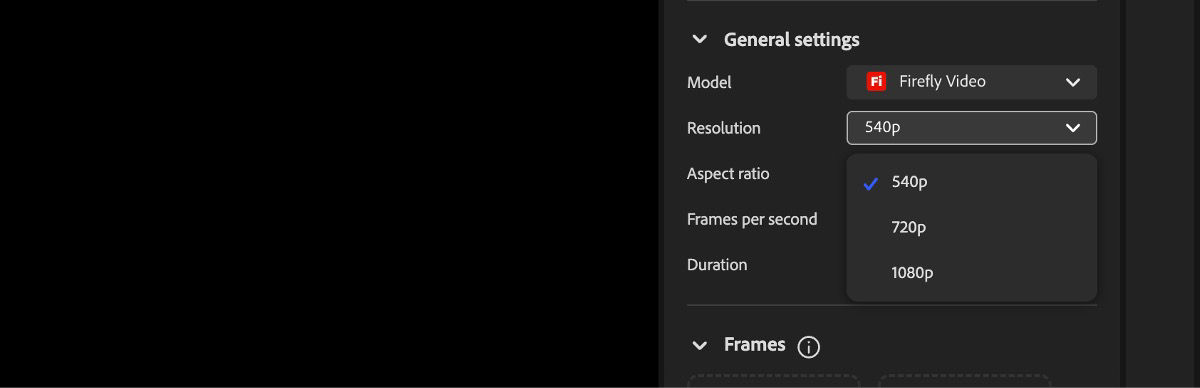 The Video editor screen displays the Resolution dropdown menu, used to set the resolution of the generated video.