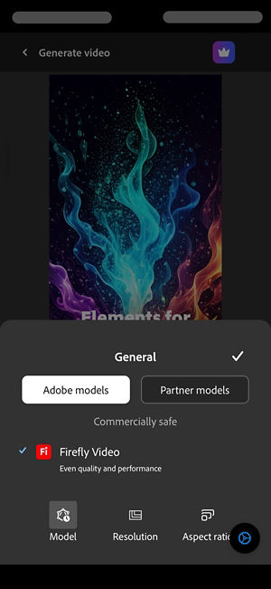 The General section is open and Adobe models is selected. From the list of models, Firefly Video is selected.
