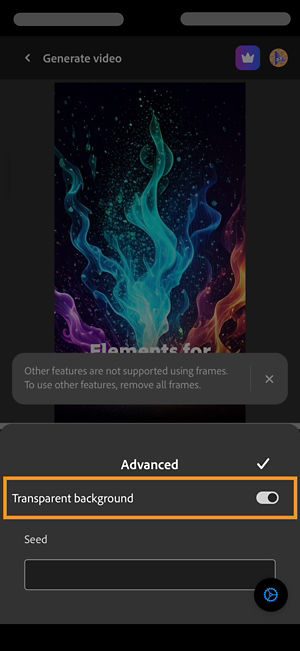 The Advanced section is open and the Transparent background option is turned on to generate a video without any background.
