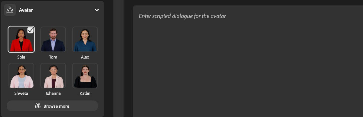 An avatar is selected from the available ones and the Play icon is selected to preview the avatar with the voice.