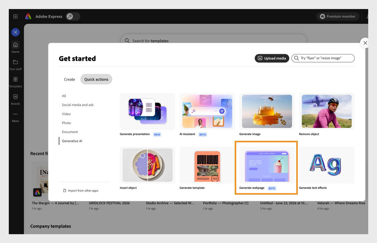 Get started panel in Adobe Express, with Generative AI selected and then Generate webpage selected.