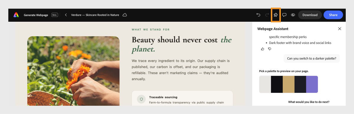 The Webpage Assistant suggests a new color palette, and the Styles icon in the header is highlighted for applying themes manually.