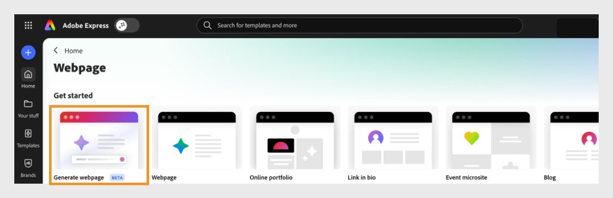 Generate webpage highlighted from the Webpage home on the Adobe Express homepage