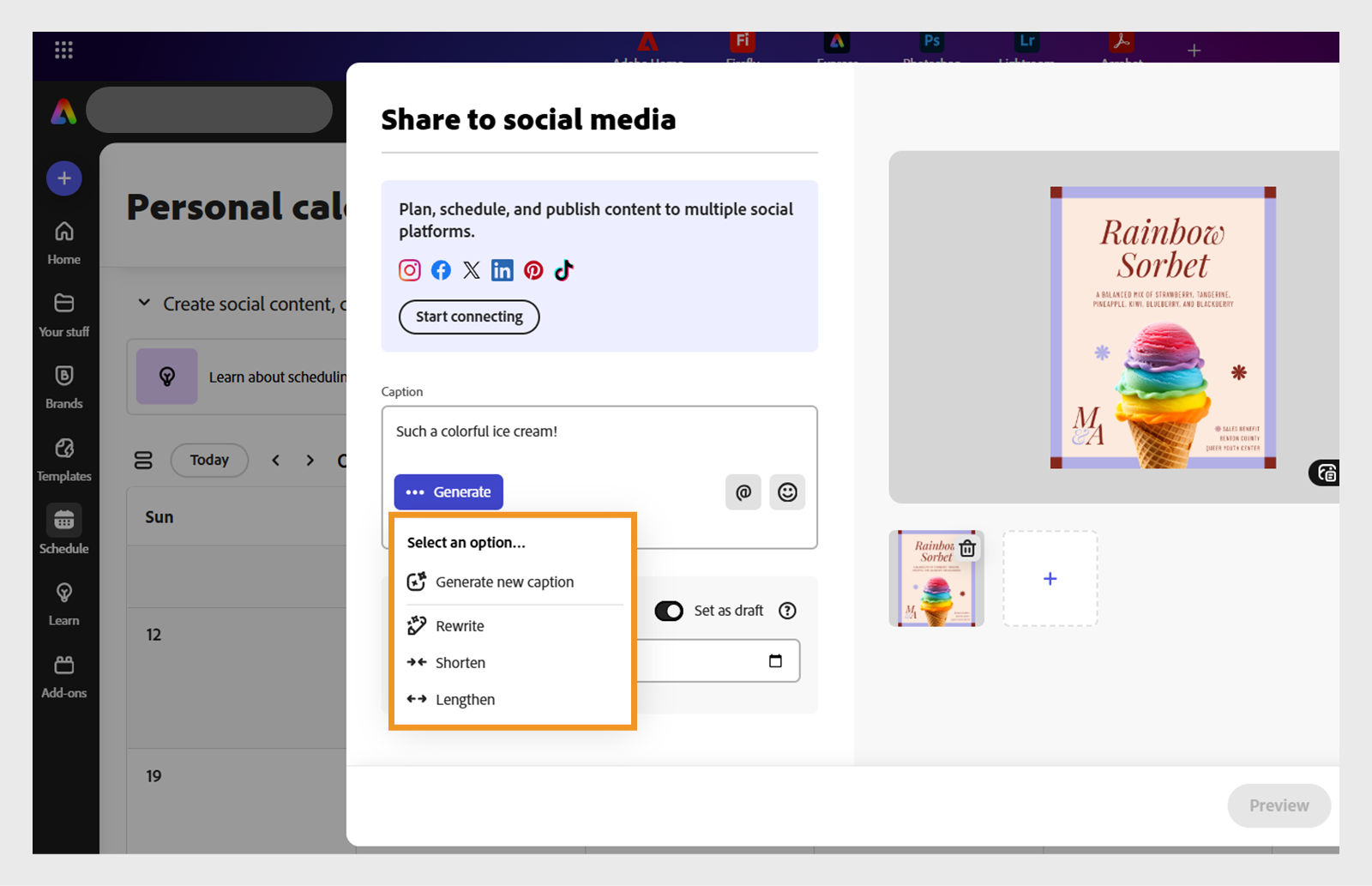 In share to social media pop-up box, Select an option is opened with the options Generate new caption, shorten and lengthen in prompt box.