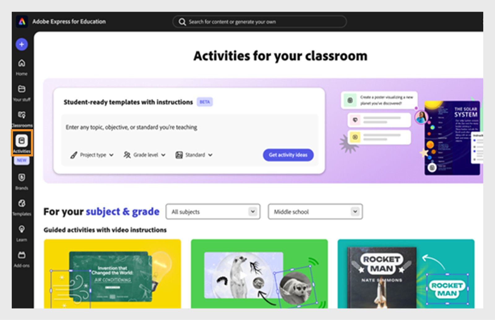 Screenshot of the Generate Activity feature in Adobe Express showing activity options for educators to create curriculum-aligned classroom projects.