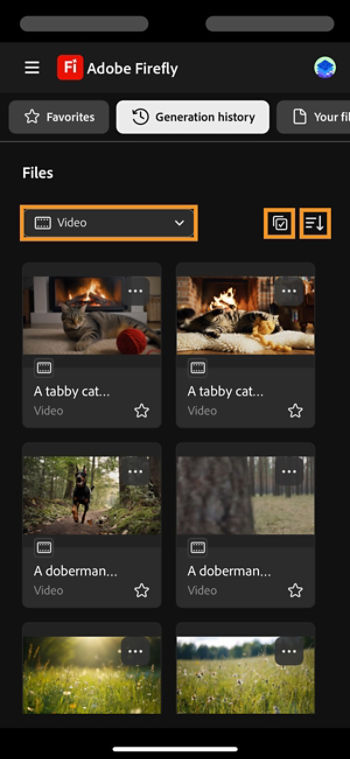 Files screen displays the Generation history tab with highlights on the filter dropdown. multi-select, and the sort option.