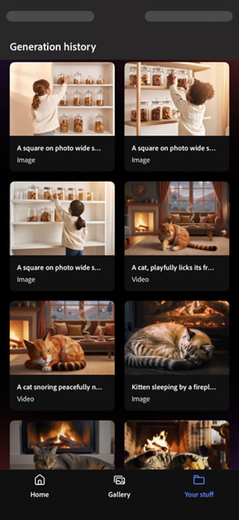 Your Stuff screen on Firefly displays the Generation history with all of your previously generated images and videos in one place.