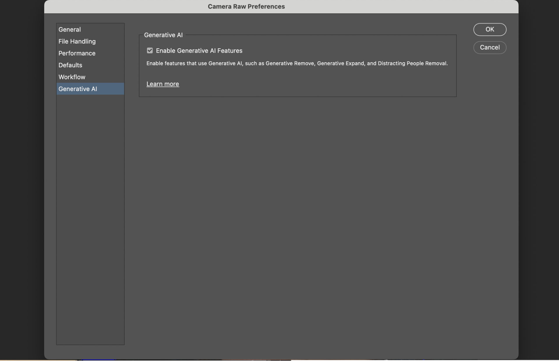 The Camera Raw Preferences dialog with the Generative AI section selected, showing the Enable Generative AI Features option for AI-powered editing tools.