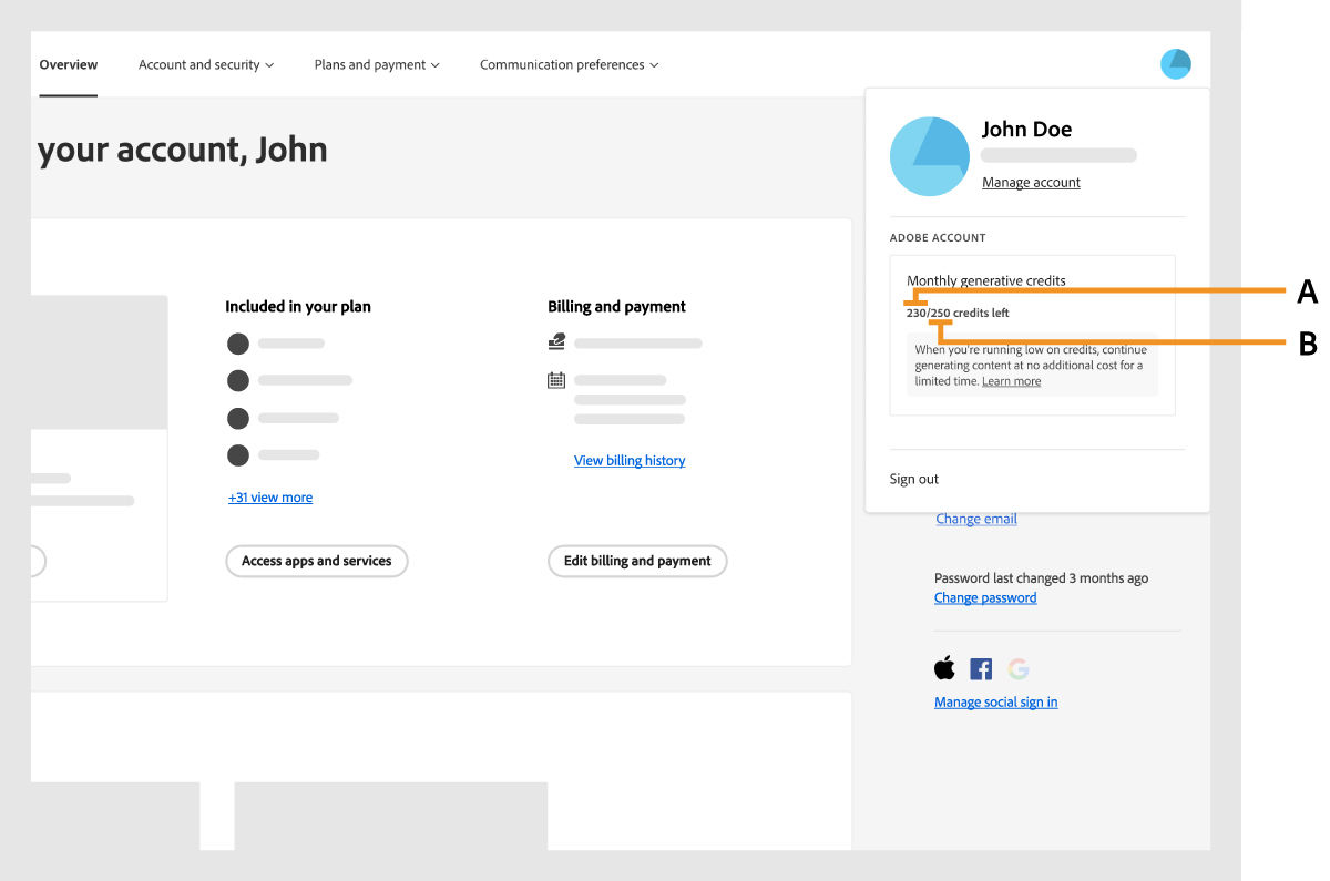 Screen displaying how you can access your generative credit count in-app.