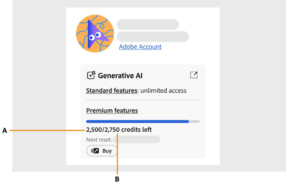 The profile icon on the Adobe Account page is selected and account panel is open. In the Adobe account section, the monthly generative credits are displayed, showing how many credits are left and how many have been consumed. It also displays when the monthly generative credits will be reset.