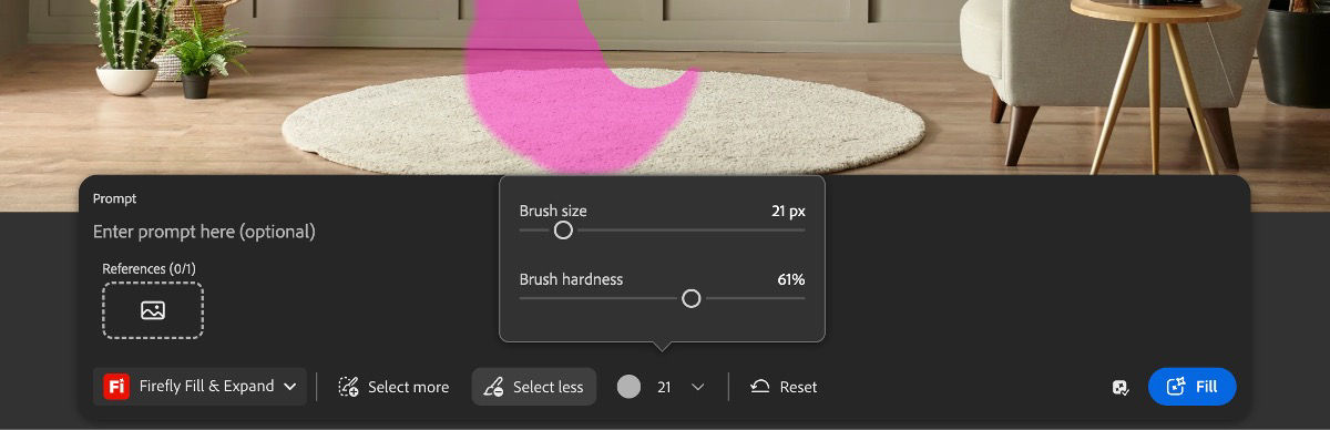 The brush controls are open, and there are options to change the brush size and hardness.