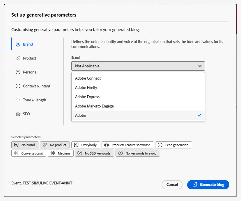 Generative parameters to define the brand tone, voice and blog context, tone