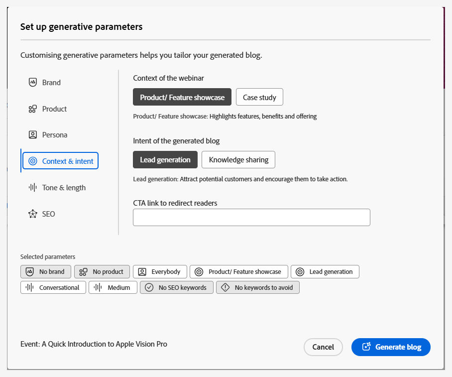 Generative parameters to define the brand tone, voice and blog context, tone