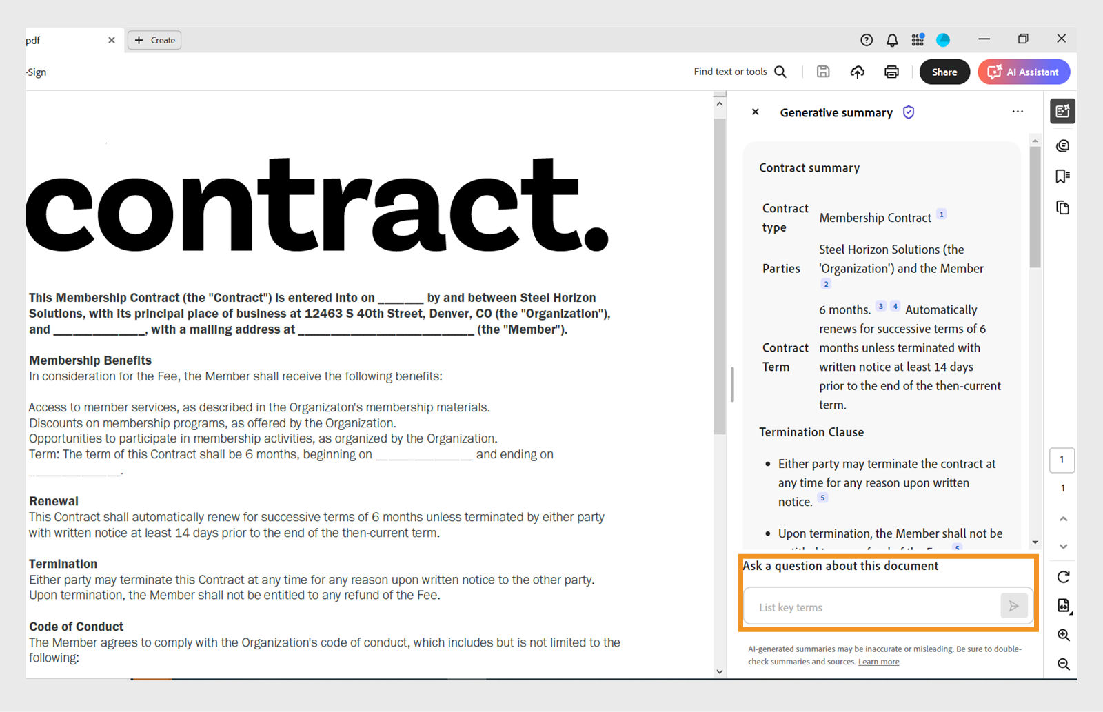 The question box in the Generative summary panel lets you ask questions after generating the document summary.