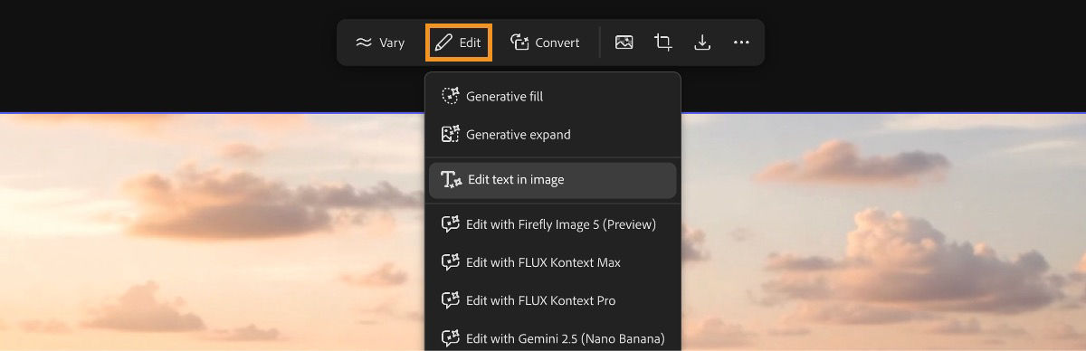 In the canvas, an image is selected, and from the Edit option, Edit text in image is highlighted.