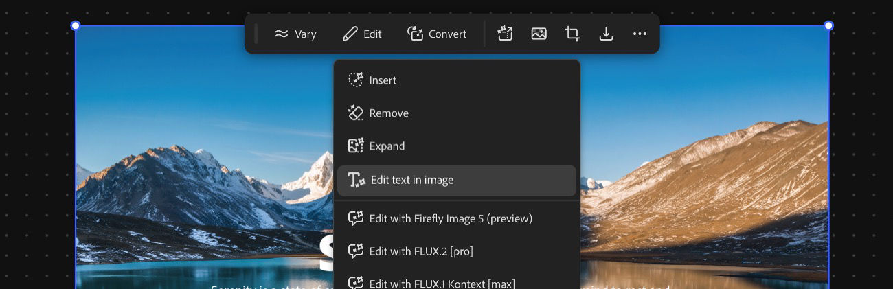 In the canvas, an image is selected, and from the Edit option, Edit text in image is highlighted.