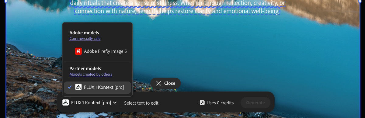 The Edit text in image bar has the model selection menu open and shows Adobe Firefly Image 5 (preview) and FLUX.1 Kontext [Pro].