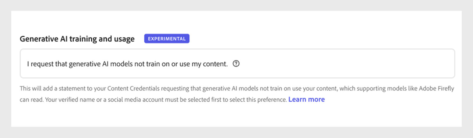 Generative AI training and usage preference interface in Adobe Content Authenticity (Beta), showing the option: “I request that generative AI models not train on or use my content,” with a note about the requirement for a verified name or connected social media account.