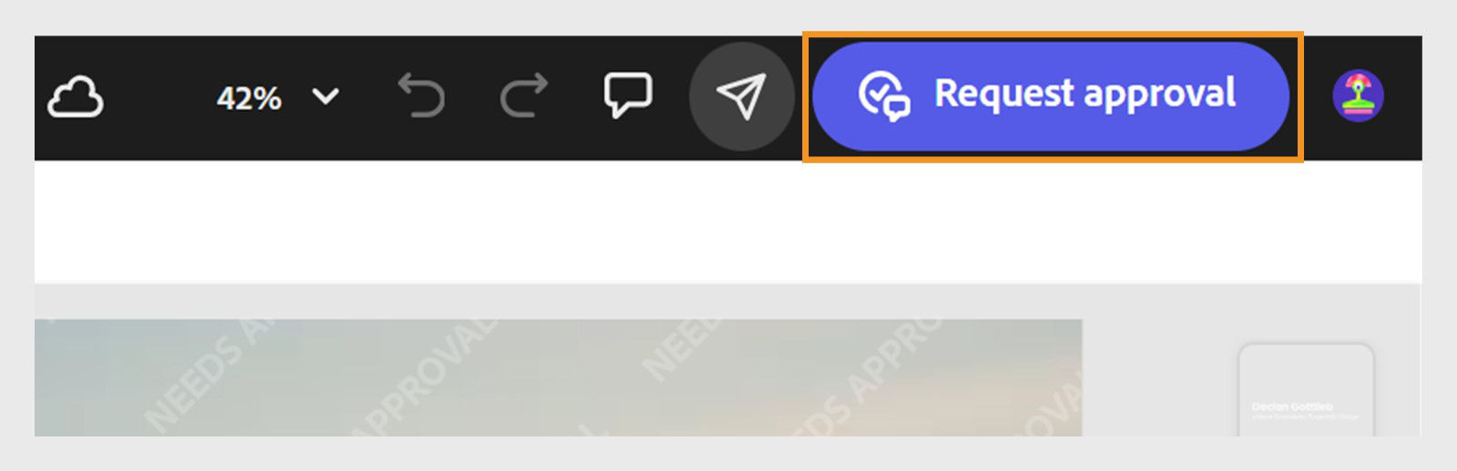 A screenshot of a user interface featuring a black toolbar at the top. The toolbar includes several icons: a cloud icon, a "42%" label with a dropdown arrow, undo and redo arrows, a speech bubble icon, and an airplane icon. On the right side of the toolbar, a prominent blue button labeled "Request approval" is outlined in orange, indicating emphasis. An avatar icon is located at the far right end of the toolbar.