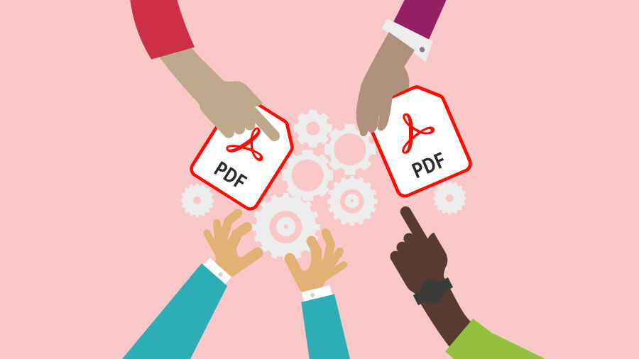 Hands of four people passing a PDF document among themselves demonstrating the concept of document collaboration