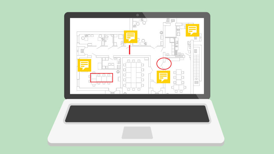Sample Floor plan on a laptop screen with document mark up and comments using Acrobat commenting tools