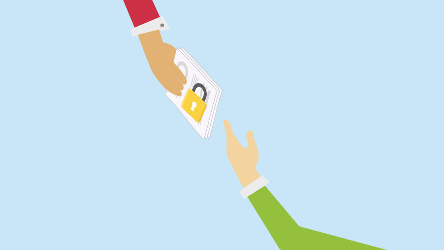 One person handing another person a stack of papers with a lock icon on it, signifying a protected file