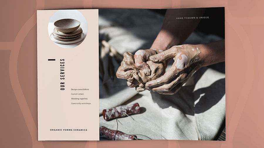 Ad for Organic Forms Ceramics features plates and bowls on the left and hands molding clay on the right. 