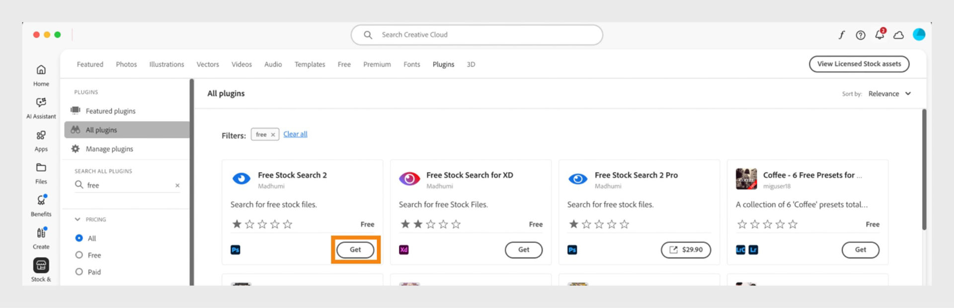 Plugins window displays all the plugins that match with your search result. Select Get, Buy or Learn more to install plugins. 