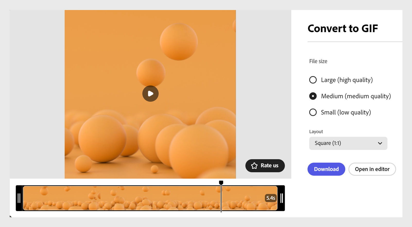 The image shows a video being prepared for GIF export. The interface displays the video preview, timeline, and download panel with options for file size and layout before exporting as a GIF.