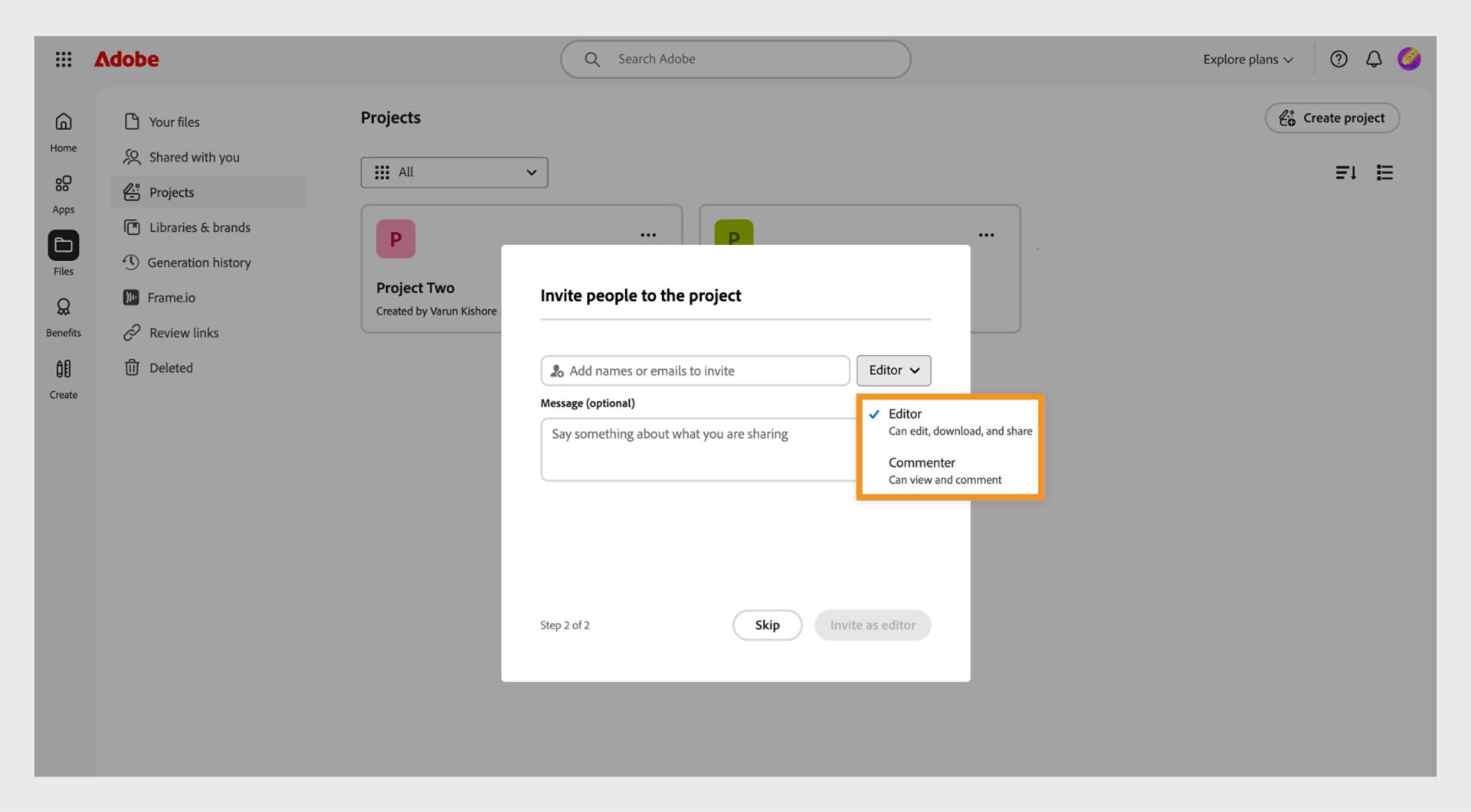 The highlighted dropdown menu in the dialog box allows you to give edit or comment permissions to your collaborators. 