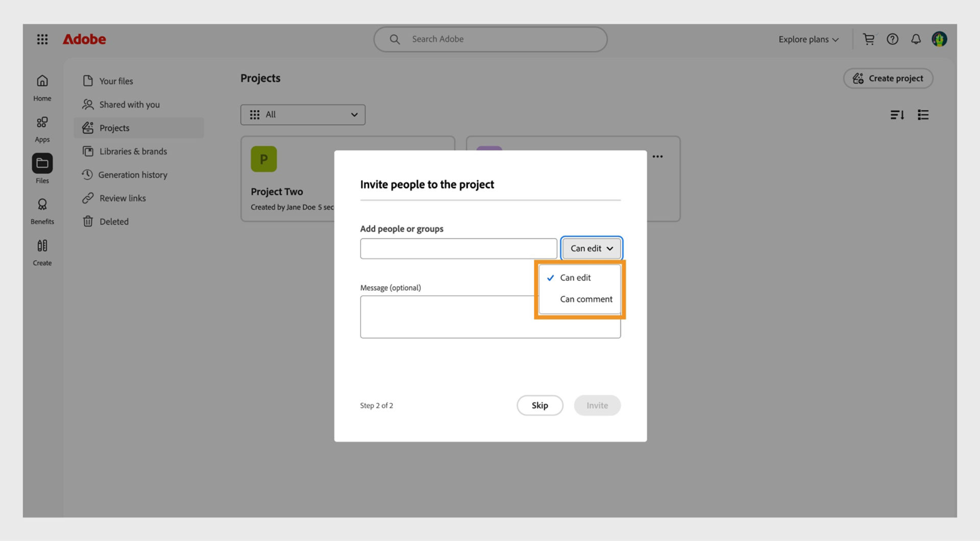 The highlighted dropdown menu in the dialog box allows you to give edit or comment permissions to your collaborators. 
