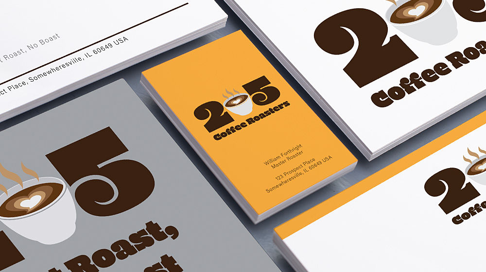 Yellow, gray, brown, and white business cards and promotional material for 205 Coffee Roasters company
