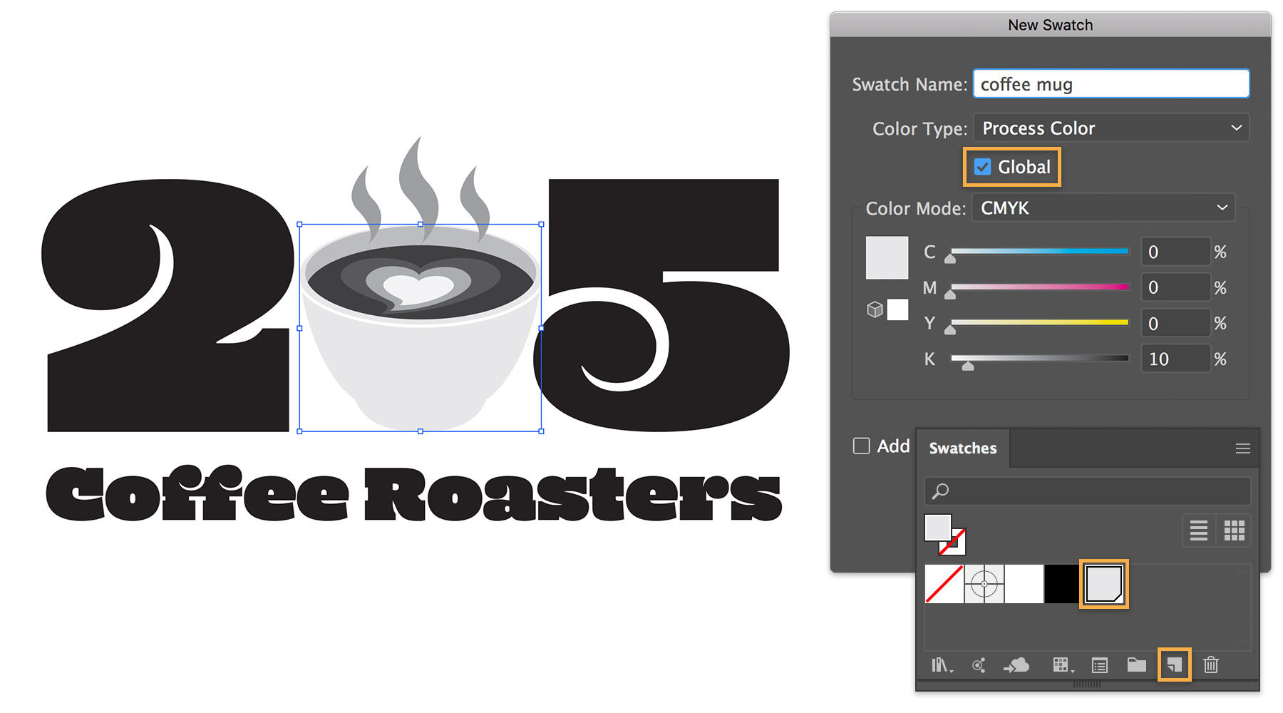 The zero in 205 Coffee Roasters logo is replaced by a black and white coffee cup. Swatches panel shows a light gray hue. 