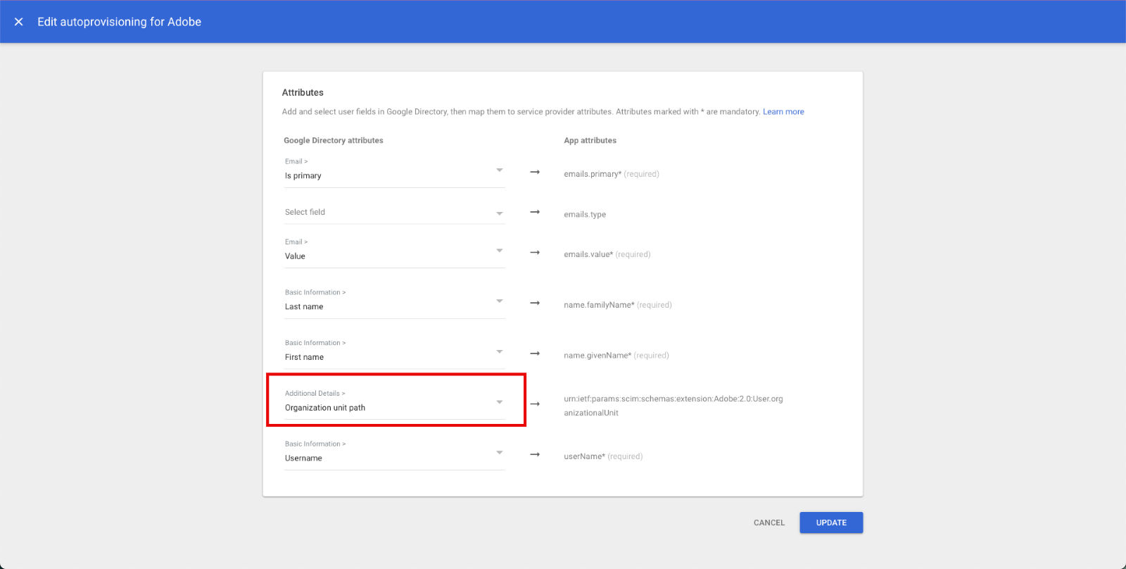 A screen Edit autoprovisioning for Adobe selecting the Organizational unit.