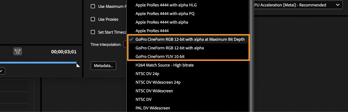 The Export Settings dialog box is open in Adobe Media Encoder, and the Format Options is selected as QuickTime. The preset is selected as GoPro CineForm RGB 12-bit with alpha at Maximum Bit Depth.