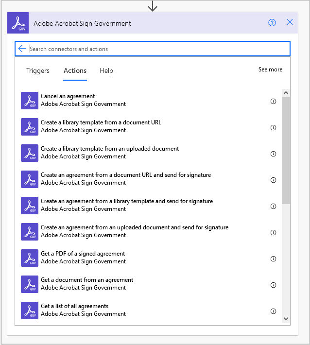 Select triggers or actions for Acrobat Sign Government connector.