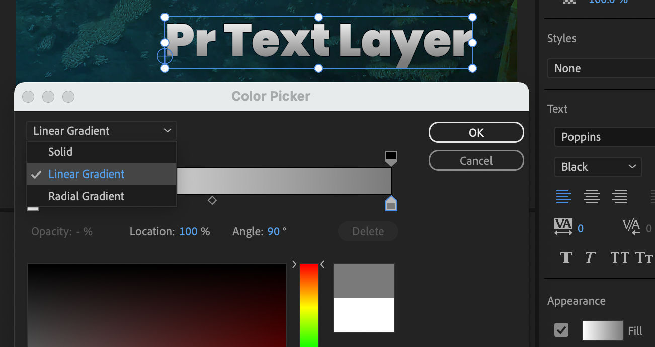 Text gradients in the Essential Graphics panel