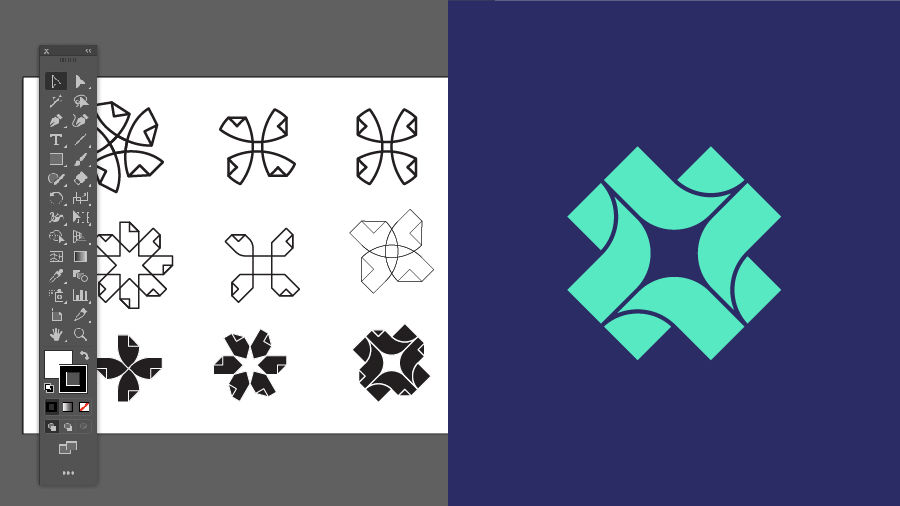 Variations of a simple logo on the left in black and white, and a final version in green on a dark blue background on the right