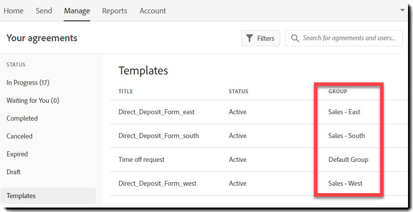 Group affiliation on the Manage page