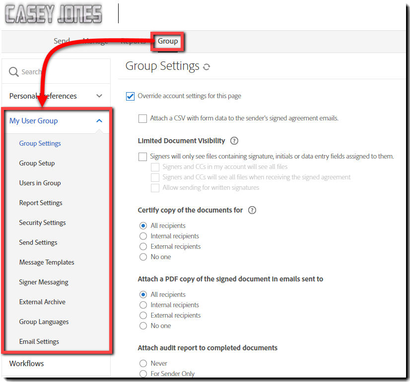 Group Admin link to Group Settings